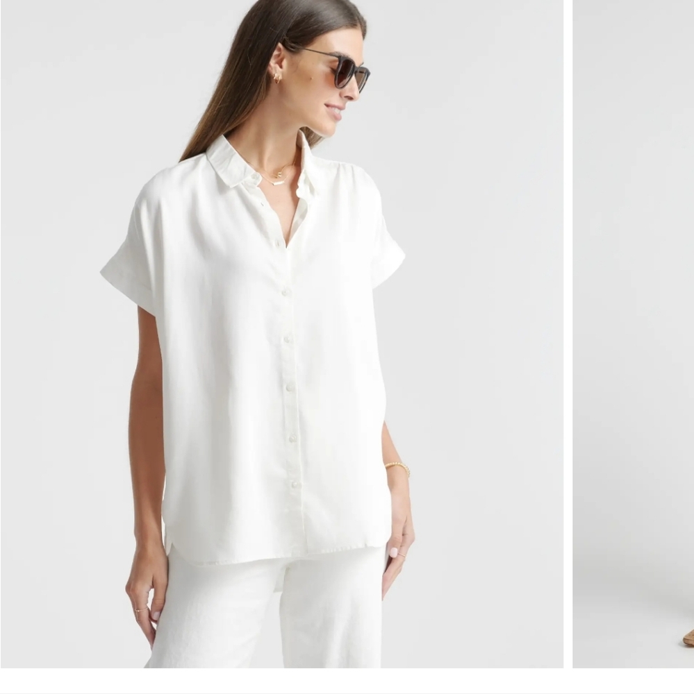 Quince White Short-Sleeve Button-Up Blouse